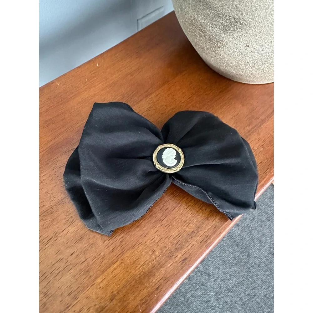 Vintage Cameo Bow‎ Hair Barrette Black Fabric Victorian Coquette Heirloom Taiwan